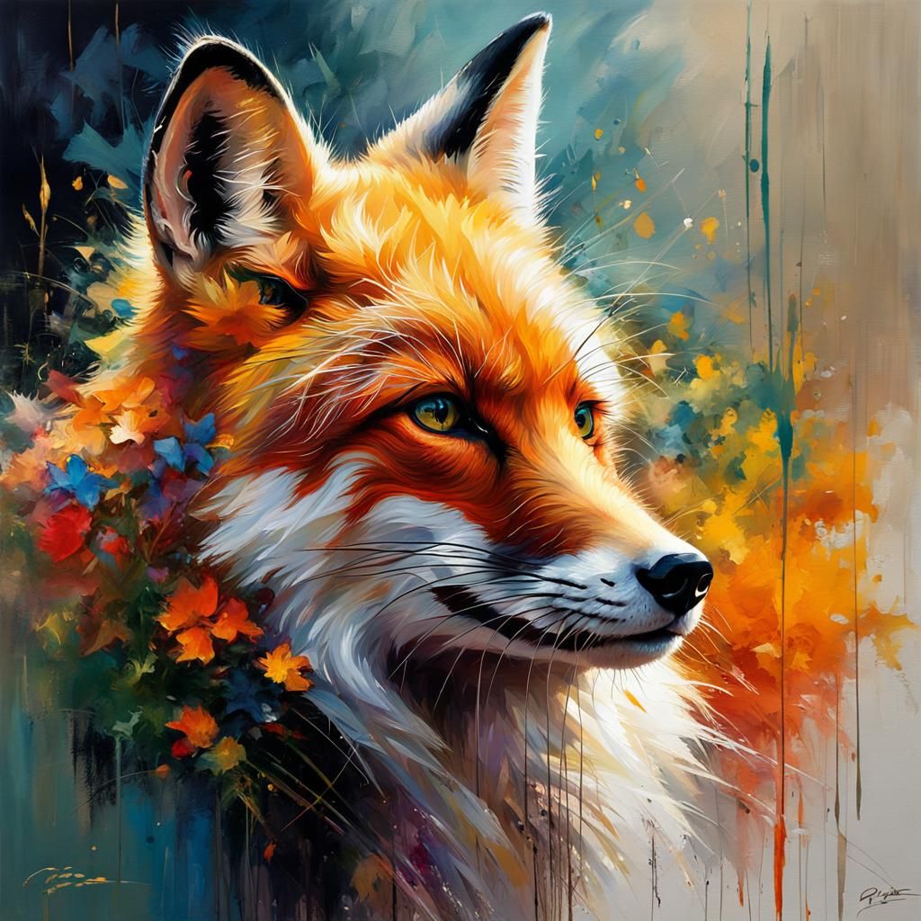 Dramatic Fox Portrait with Tachisme Brushwork