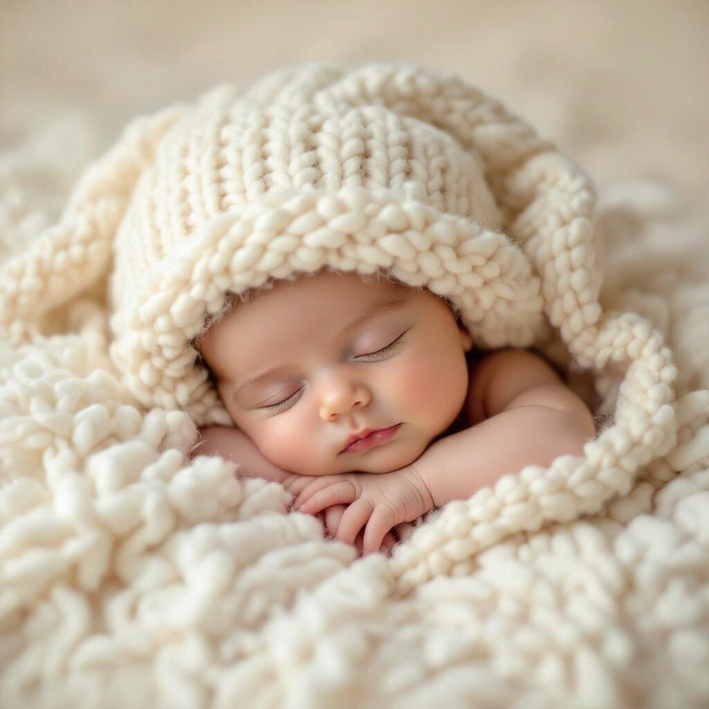 Newborn Baby Sleeping Peacefully in Fluffy Hat