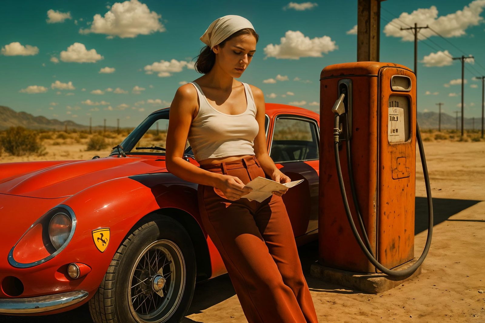 Woman at Desert Gas Station with Red Ferrari