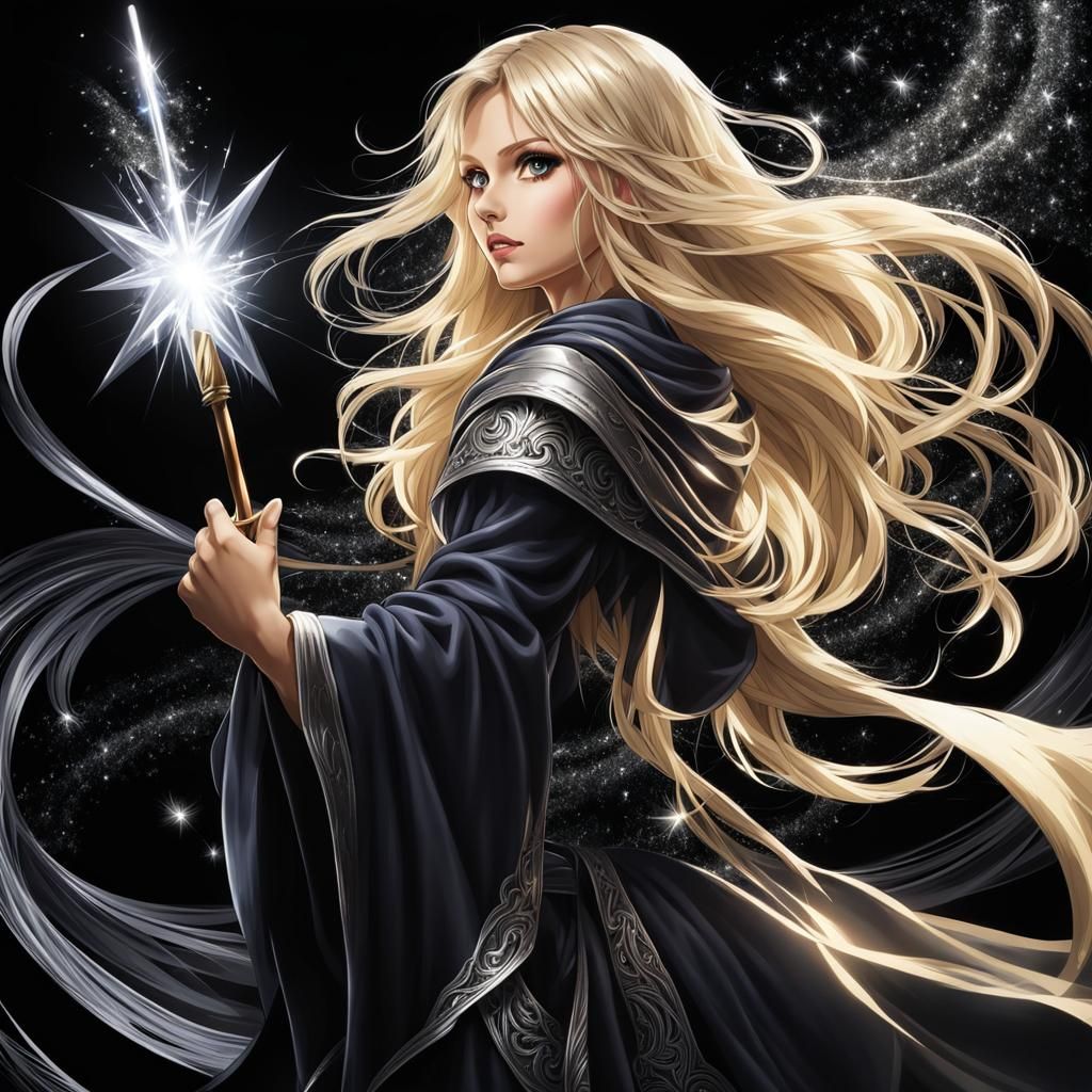 Anime Girl Wizard with Wand in Chiaroscuro