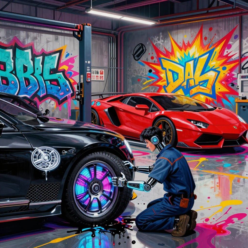 Futuristic Auto Garage with Cybernetic Mechanic and Sleek Ca...