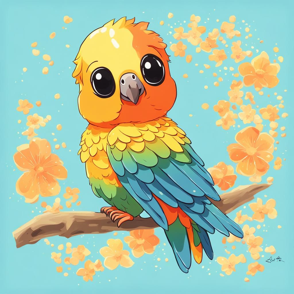 Chibi Sun Conure on Pastel Blue Background in Anime Style