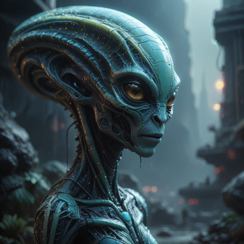 Glowing Alien Amidst a Vibrant Alien Cityscape