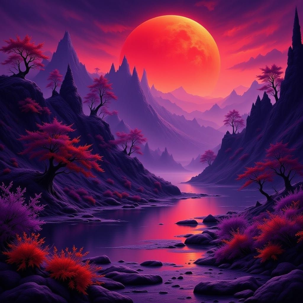 Vibrant Surreal Landscape in Deep Purple and Crimson Hues