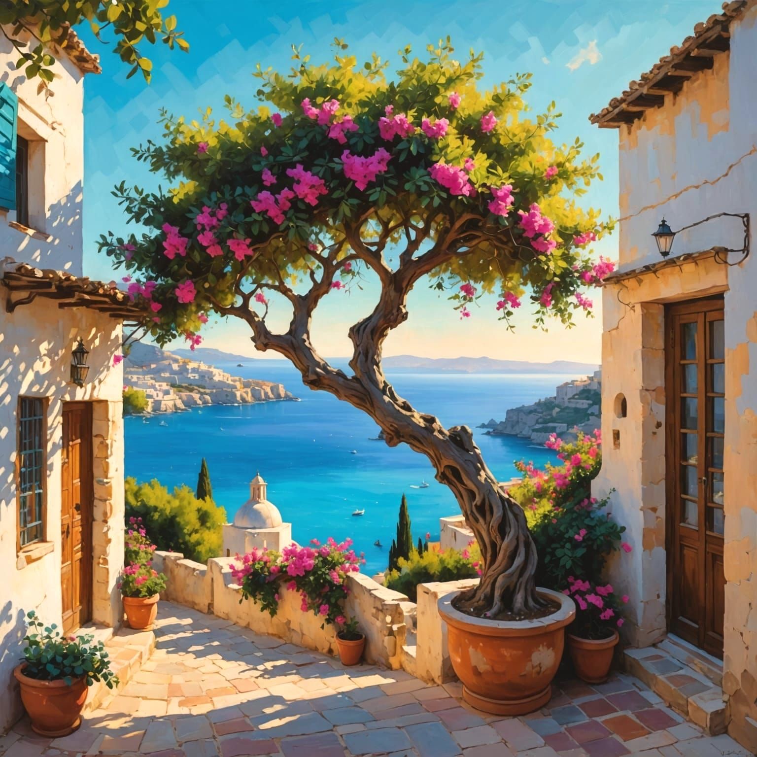 Mediterranean Village by the Sea Oil Painting