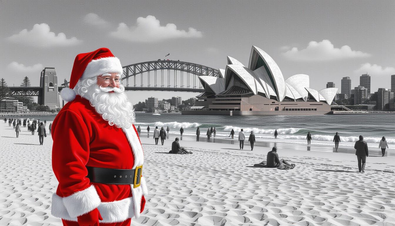 Santa Claus on Sydney Beach in Charcoal Drawing Style