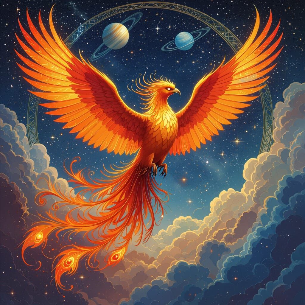 Cosmic Phoenix Soaring Through Galaxy, Art Nouveau Style
