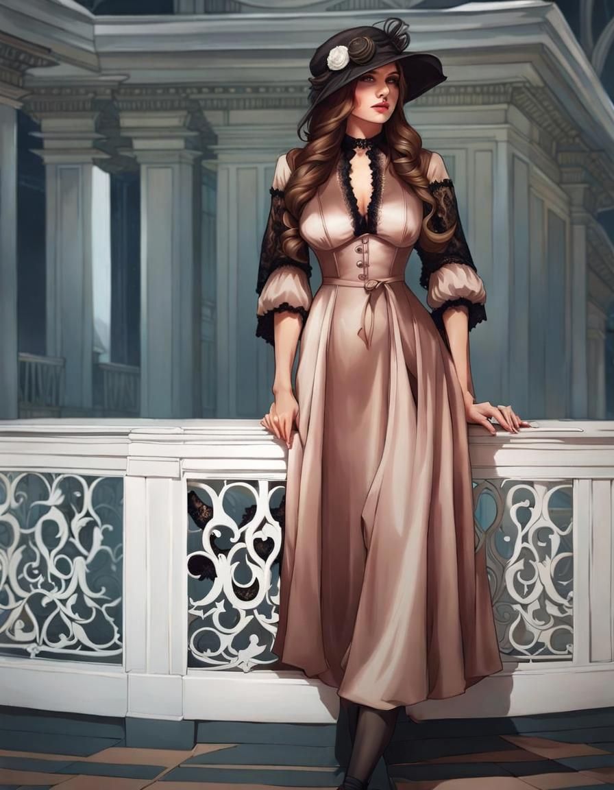 Brunette Girl Portrait with Lace Dress in Art Nouveau Style