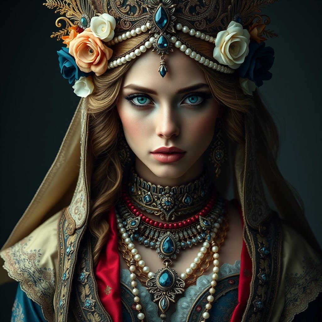 Resplendent Lady in Regal Attire with Piercing Blue Eyes