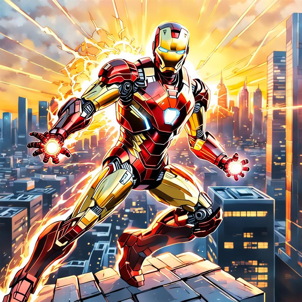 Dynamic Anime Iron Man Against Sunset Cityscape