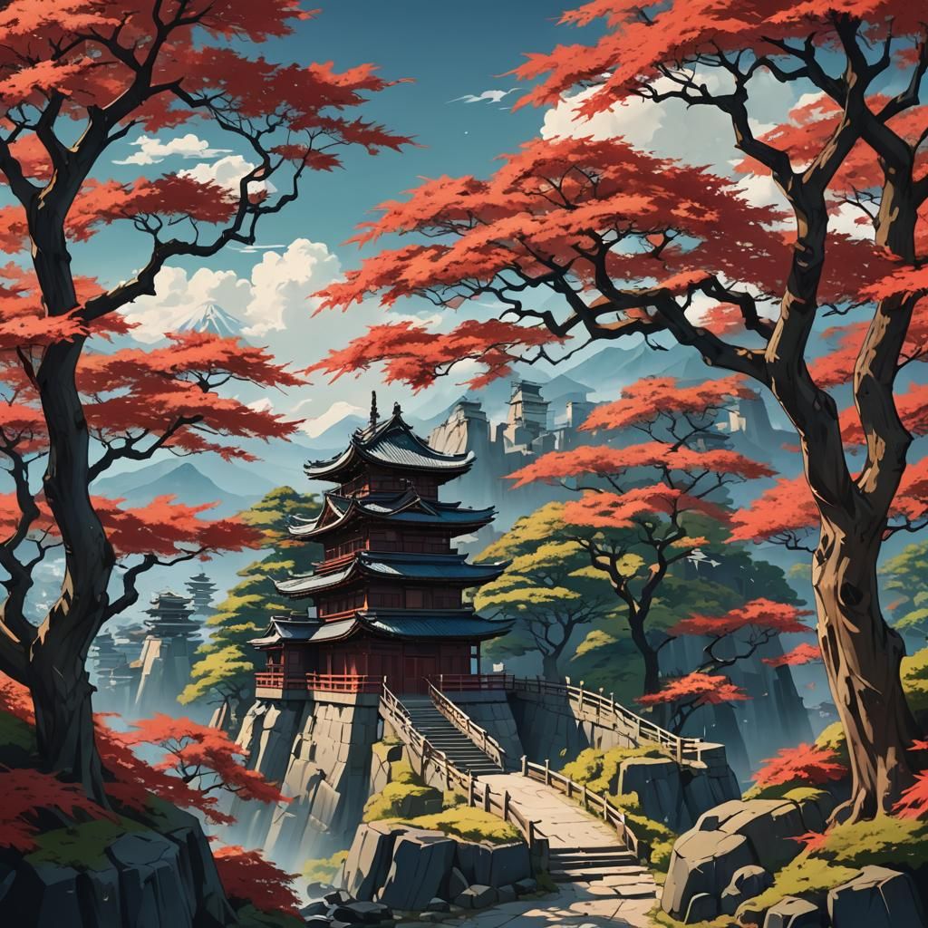Samurai Fortress with Maple Trees in Anime Style