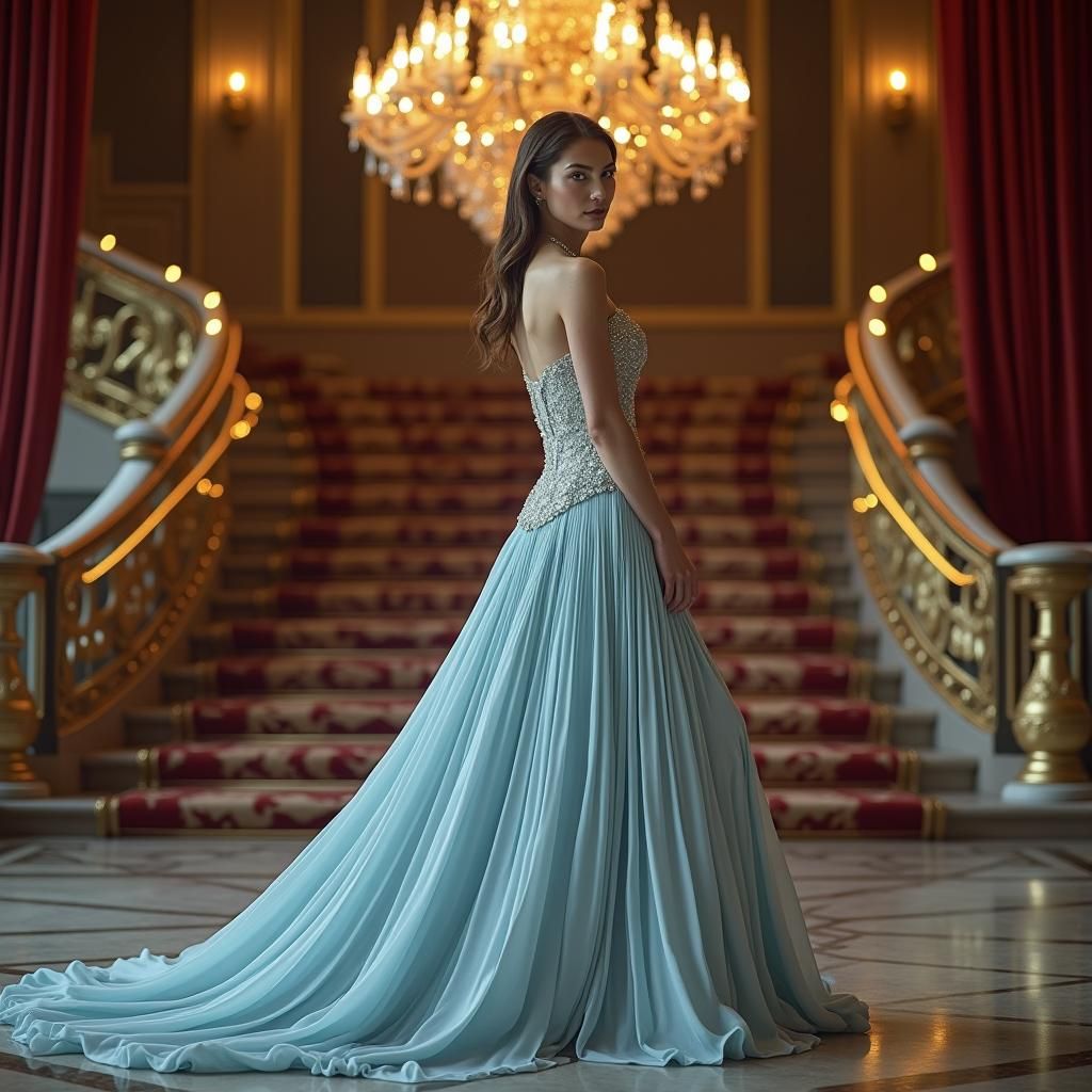 Elegant Model in Silk Gown, Baroque Ballroom Setting