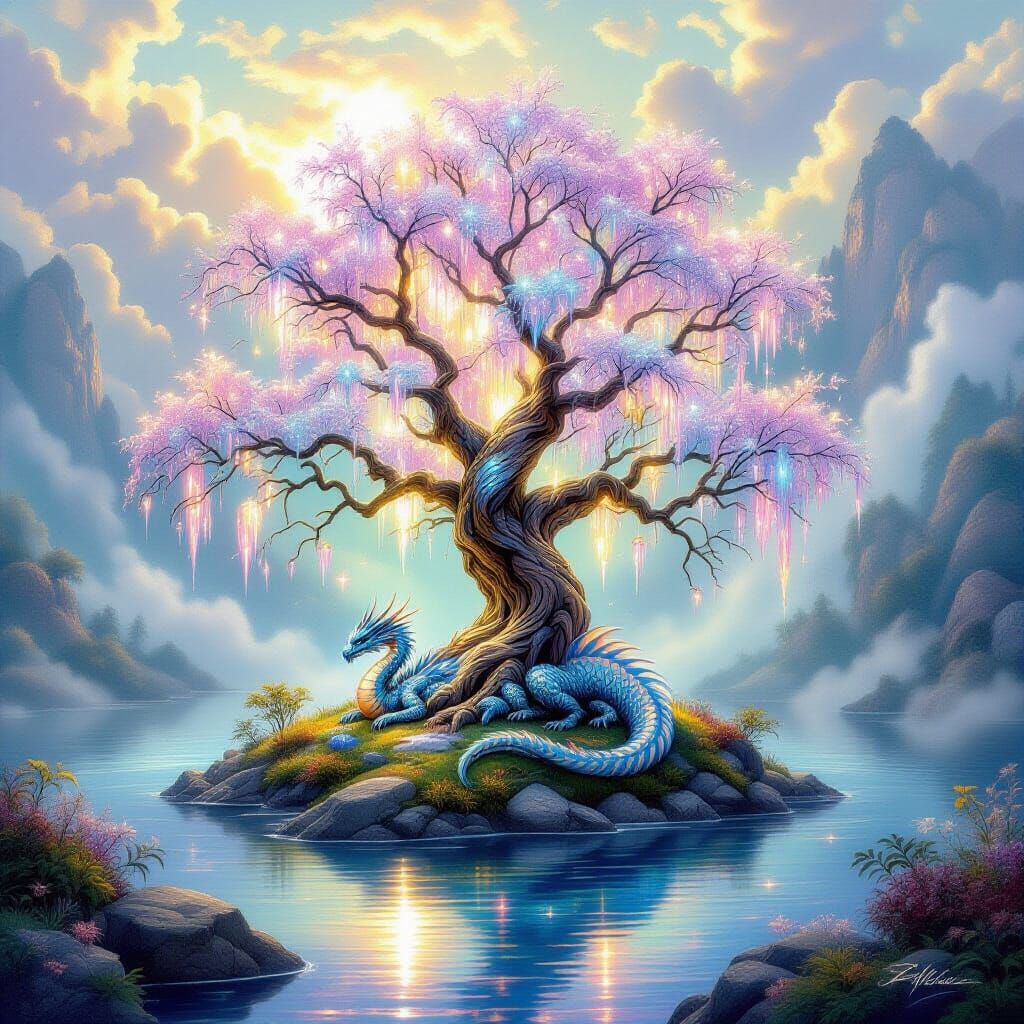 Mystical Crystal Tree Island with Dragon in Dreamy Style
