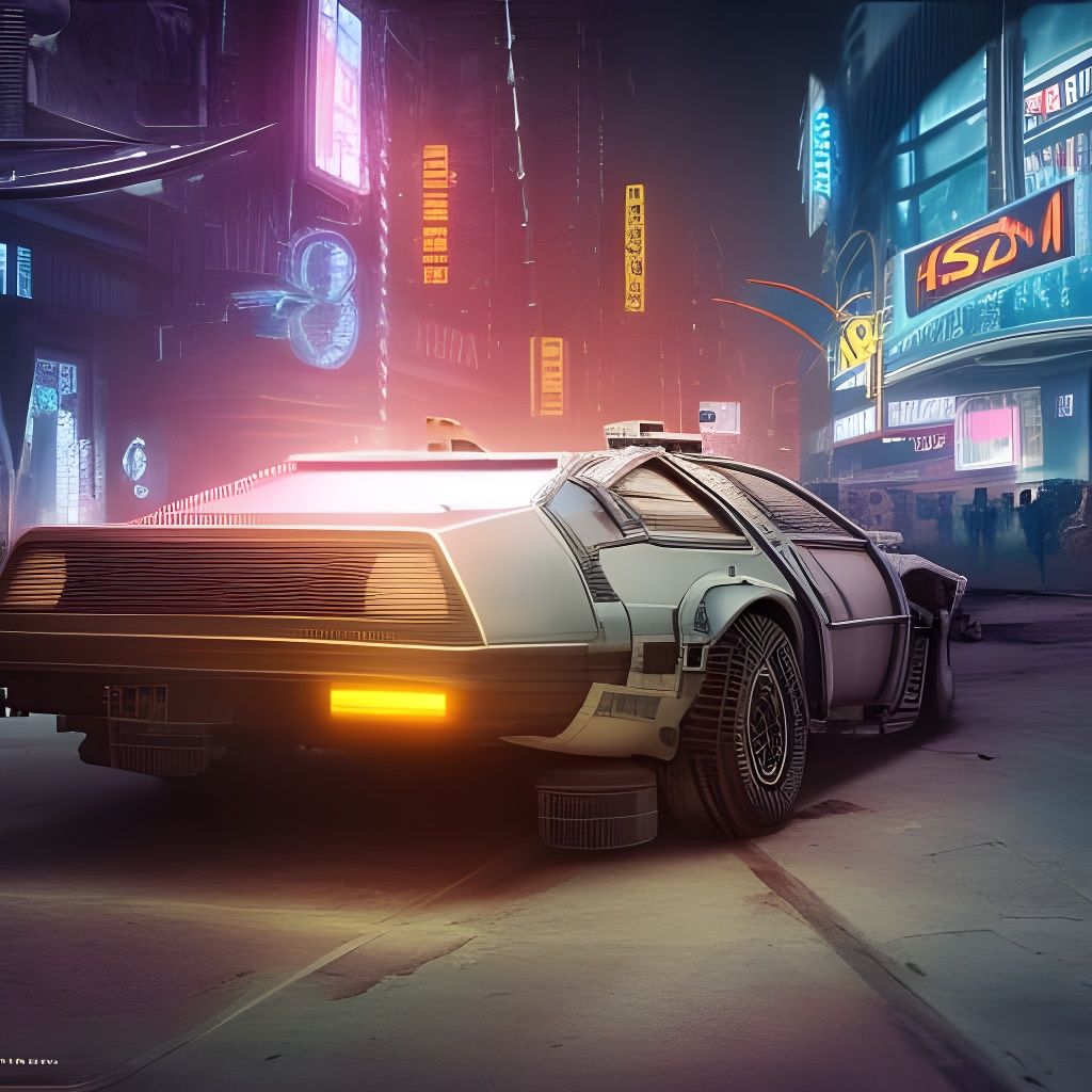 Steampunk DeLorean Time Machine in Neon-lit Times Square