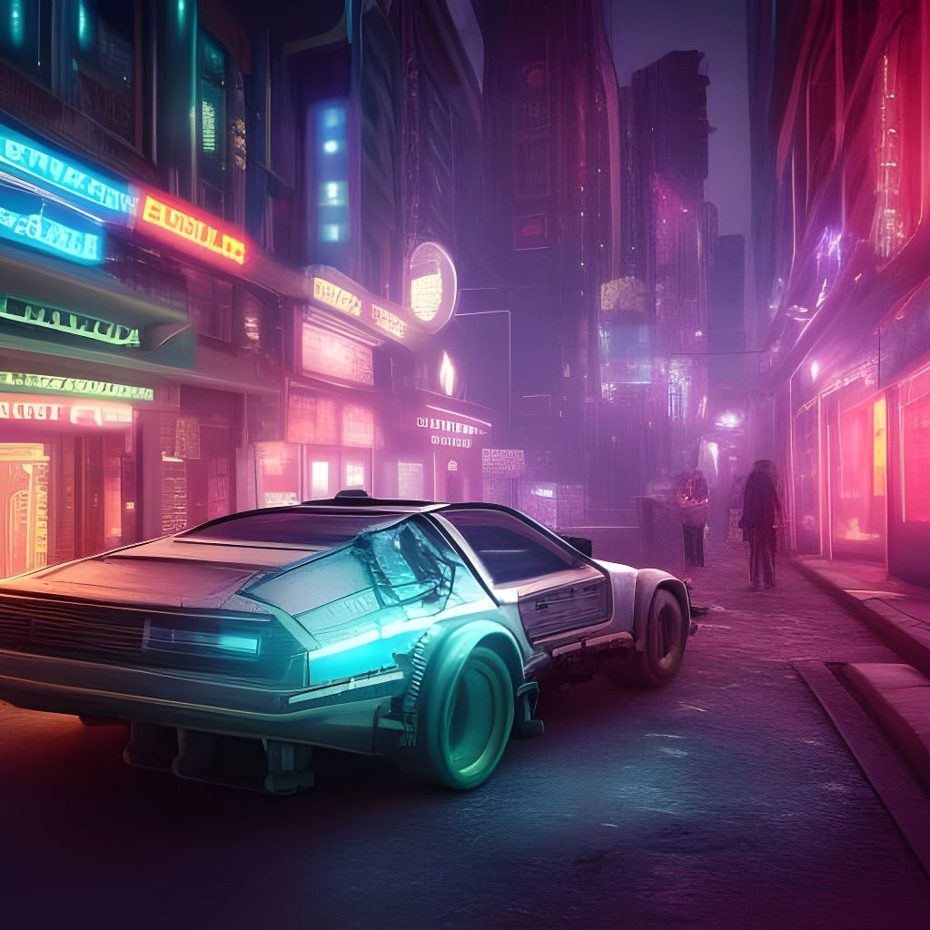 Steampunk DeLorean Time Machine in Neon Times Square