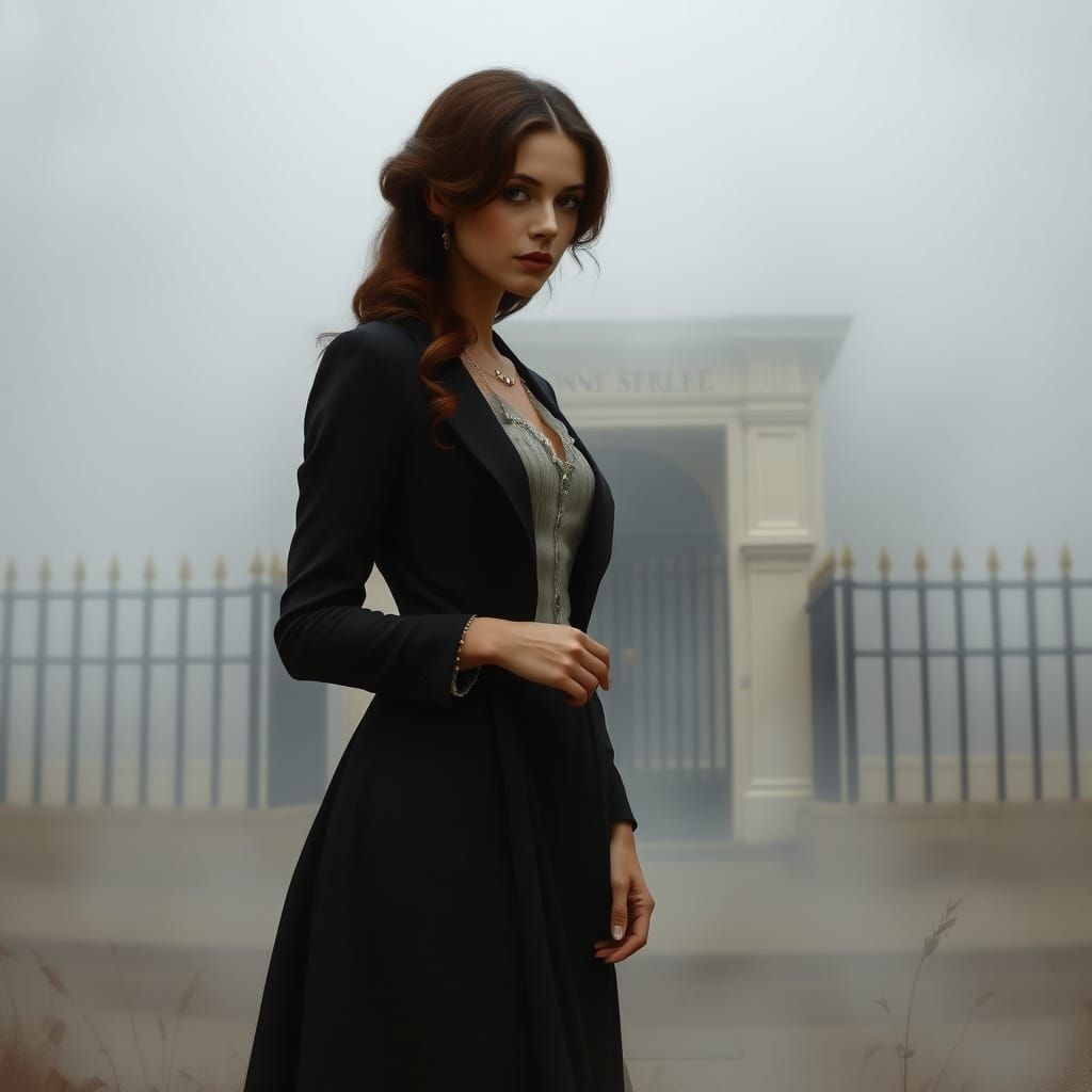 Elegant Woman in Front of 10 Downing Street, in a Somber Moo...