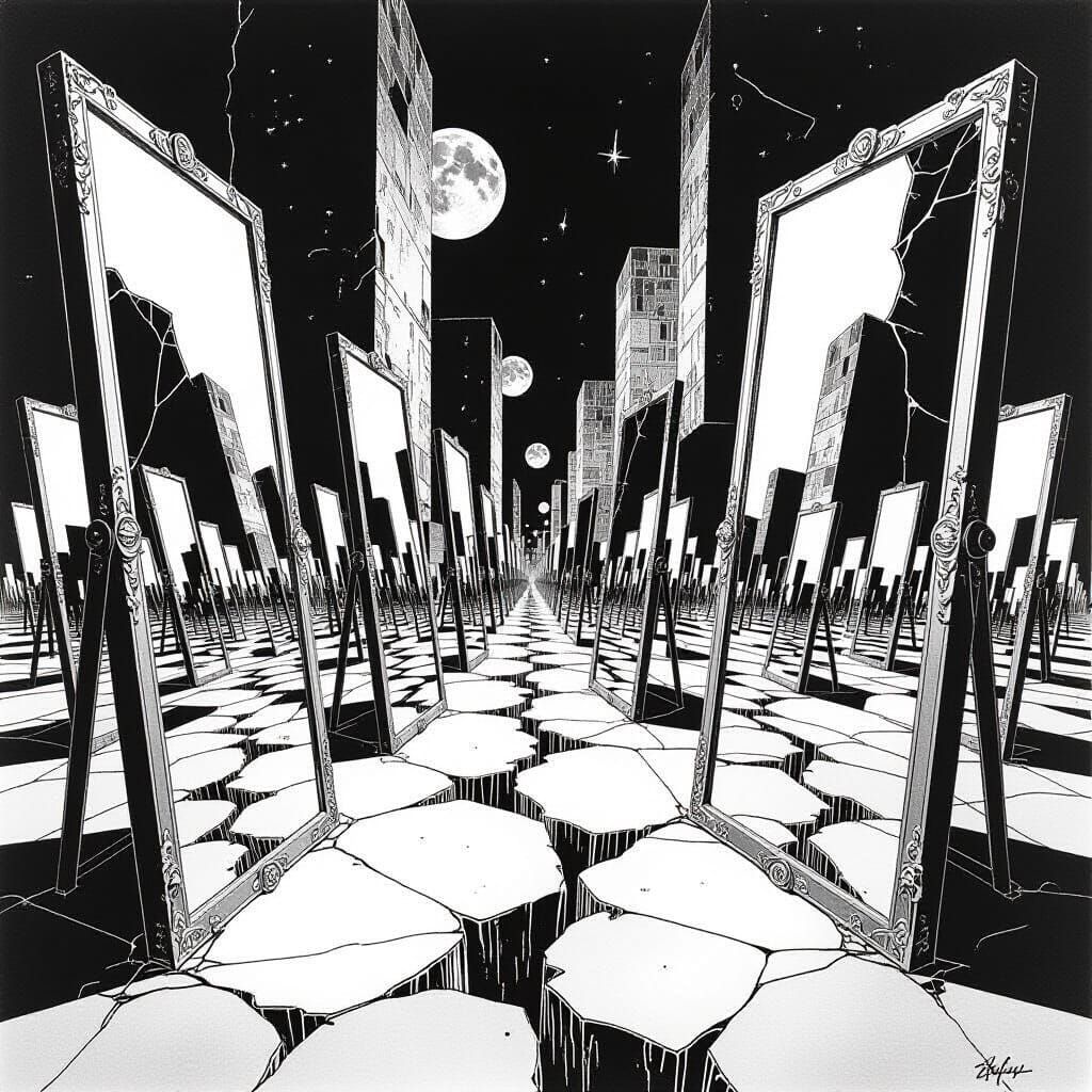 Surrealist Drawing of Distorted Mirrors Reflecting Unsettlin...