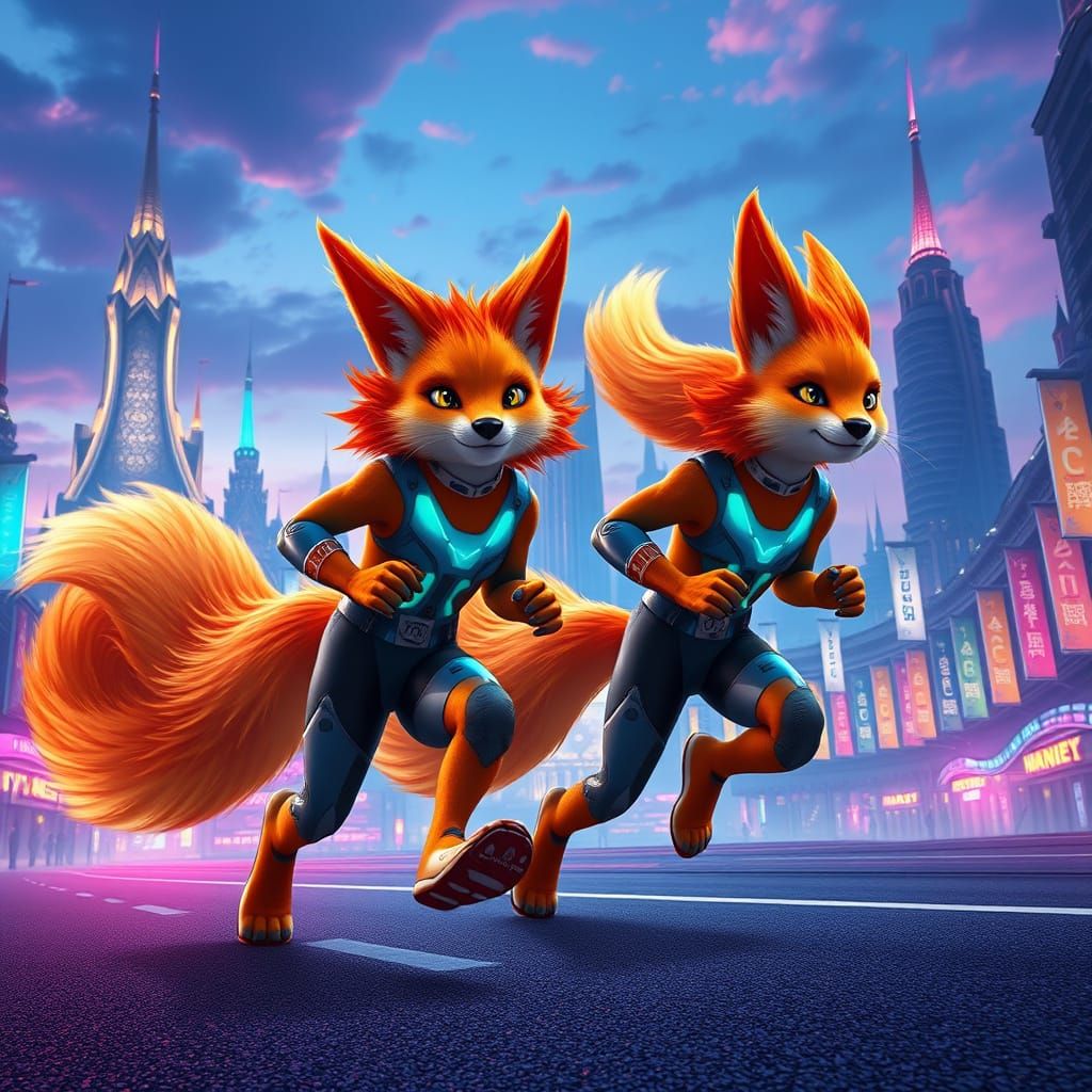 Majestic Male Kitsunes Sprint Through Neon City