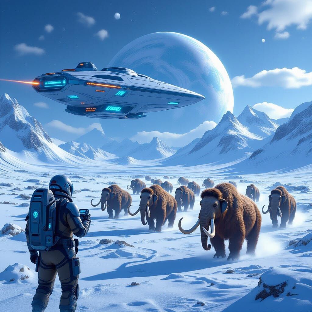 Futuristic Spaceship Encounters Woolly Mammoths on Alien Pla...