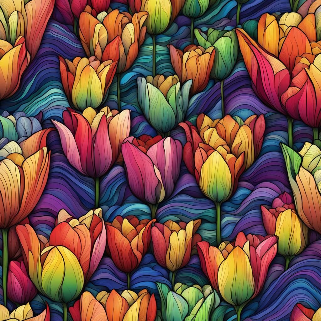 Rainbow Crystal Tulips with Abstract Fractal Design