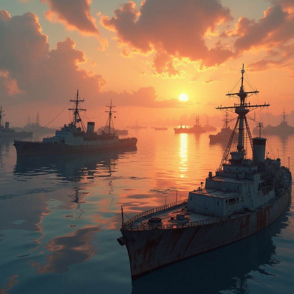 Hiroshima Naval Shipyard: Sunken Ships in Ghibli Style