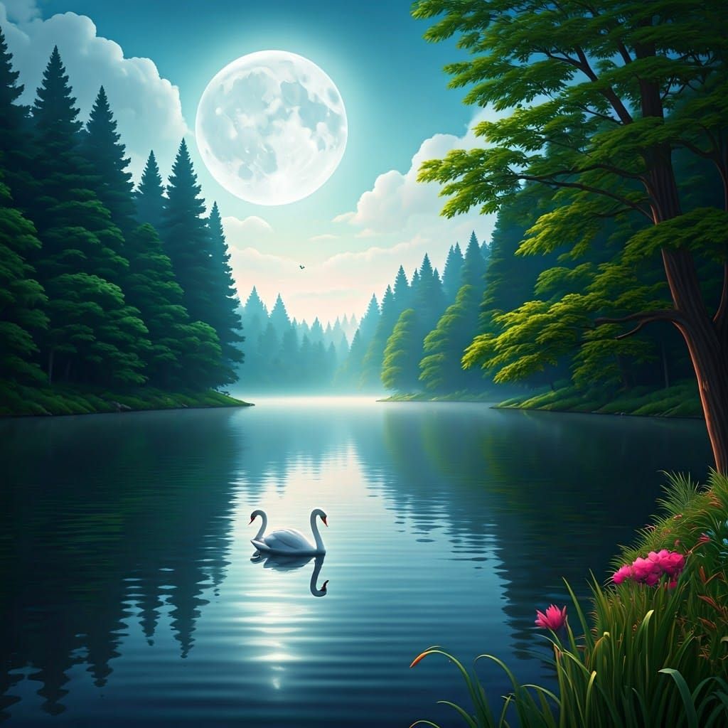 Peaceful Morning Lake Scene in Realistic Style