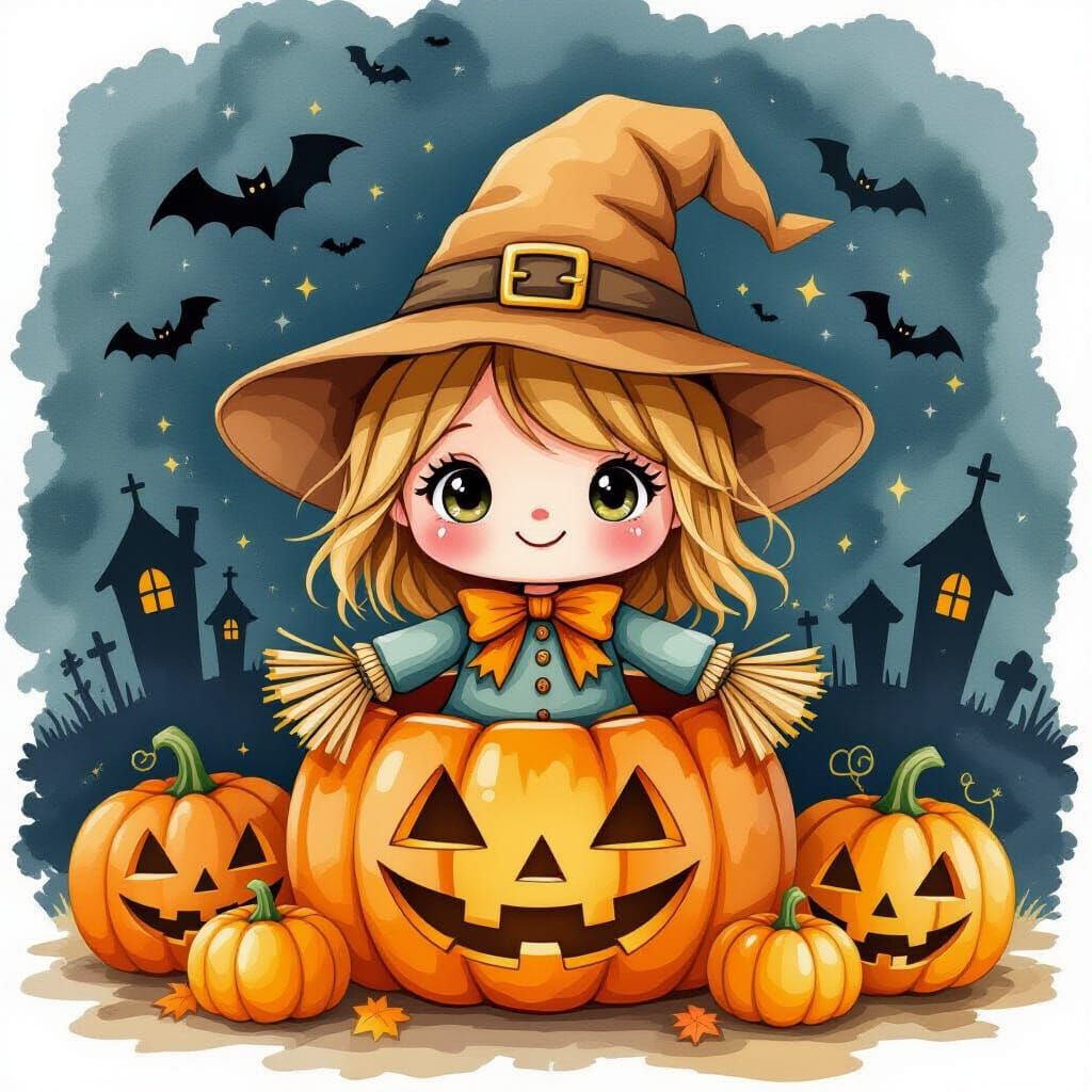 Cute Chibi Scarecrow in Pumpkin with Halloween Decor