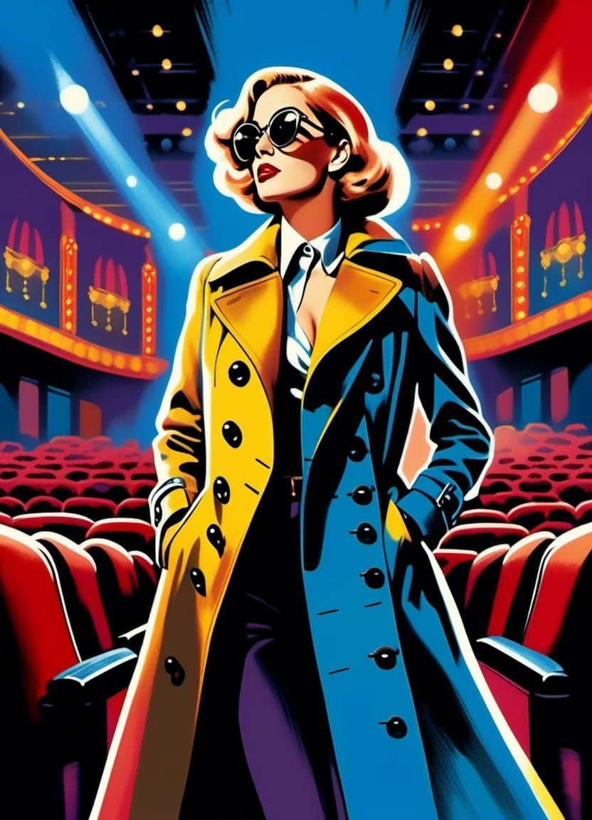 Retro trenchcoat spy in movie theater