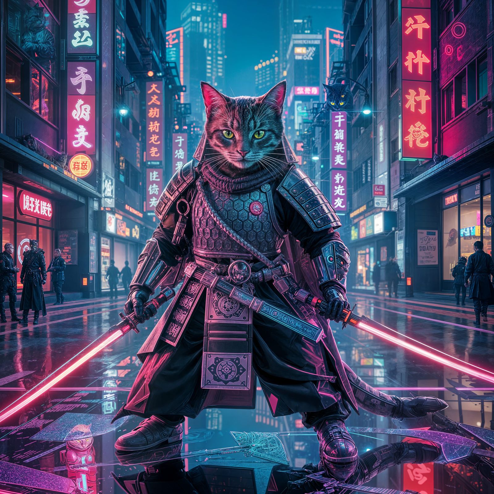 Cyberpunk Samurai Cat with Laser Katanas
