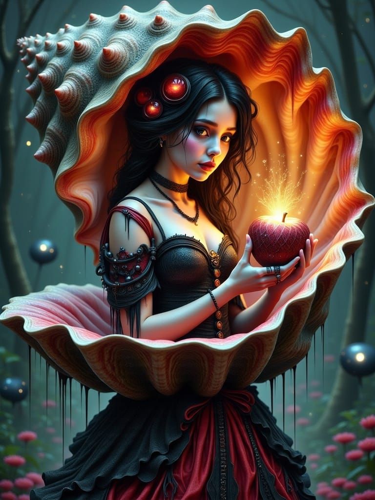 Gothic Snow White Unveiled from Cosmic Seashell with Poisono...