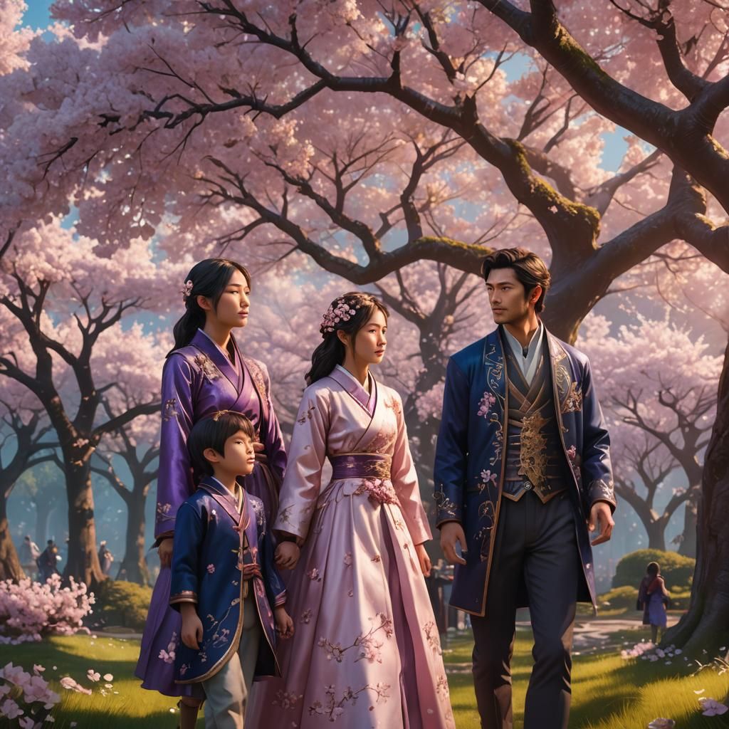 Family Appreciates Cherry Blossoms in Fantasy Landscape