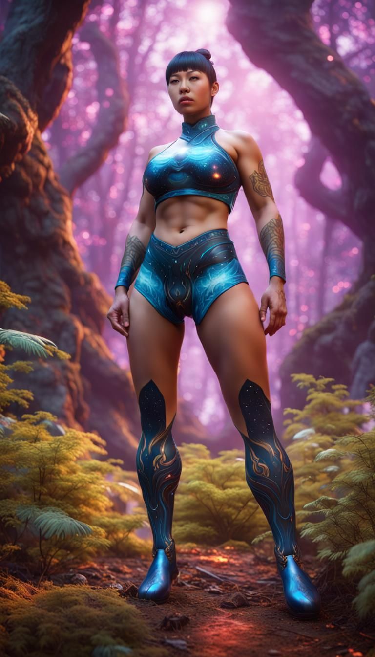 Muscular Chun-Li in Cosmic Forest, Photorealistic Style