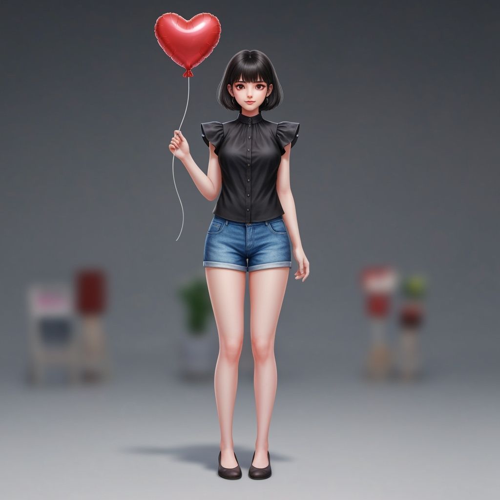 Cute Thai Woman Holding Heart Balloon in Watercolor