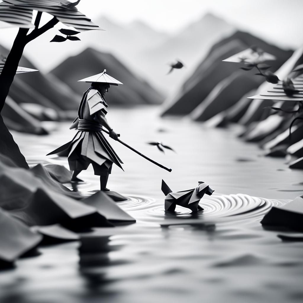 Samurai and Dog in Origami Papercraft Style
