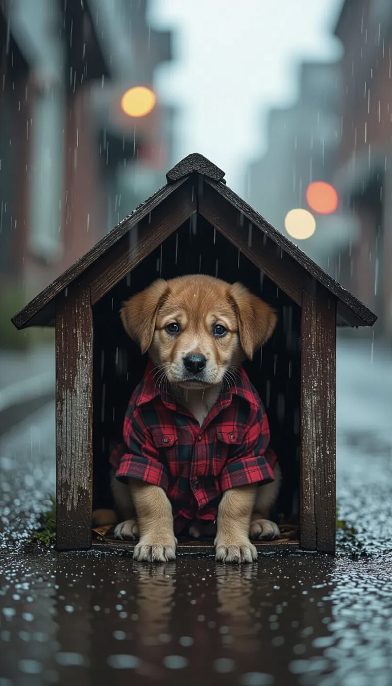 Sad Puppy in Doghouse on Rainy Street, Film Noir