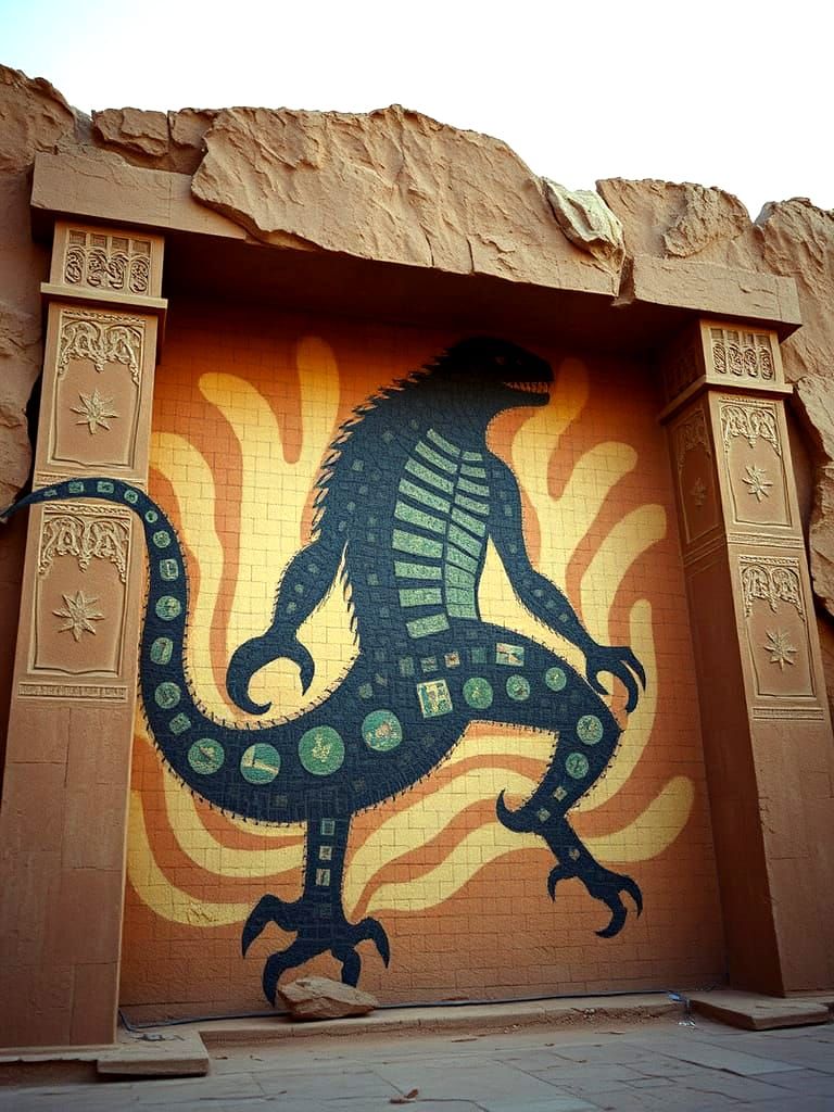 Epic Cinematic Film Still of Mosaic Monster on Plaster Templ...