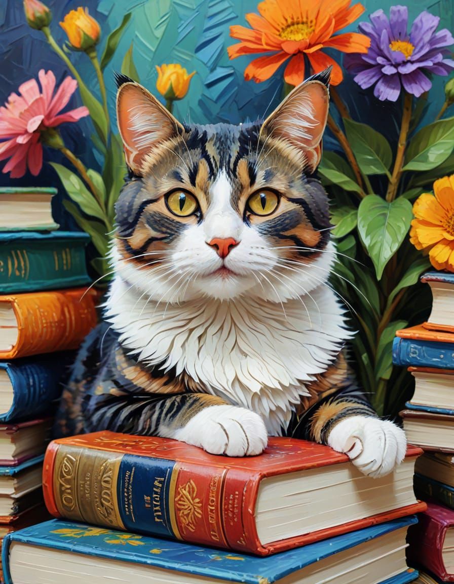 Cat Posing with Books in Neo-Impressionistic Style