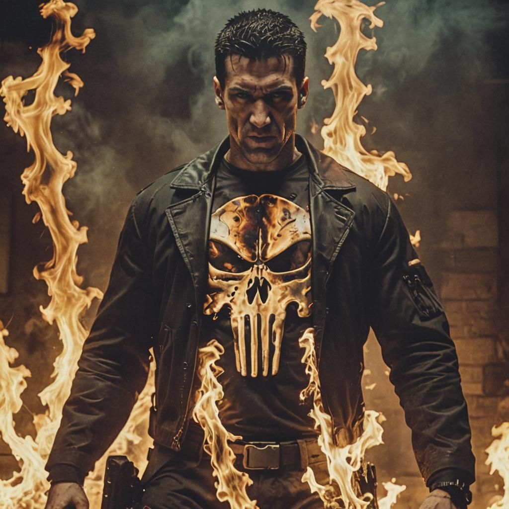 Dramatic Cinematic Portrait of The Punisher in Flames