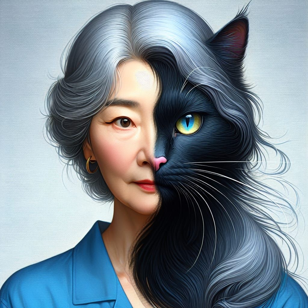 Magical Shapeshifter: Woman Merging with Black Cat