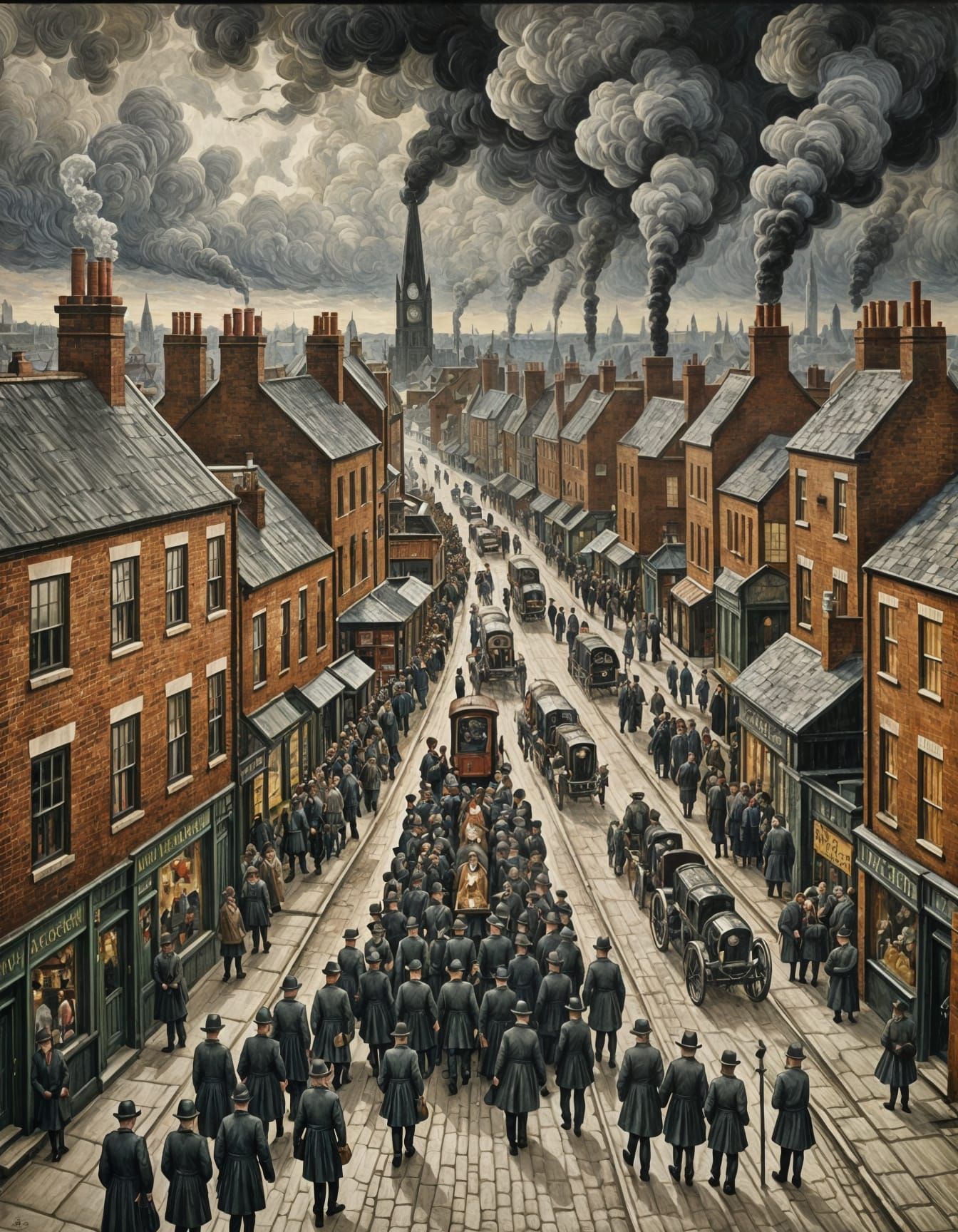 L S Lowry Style Oil Painting of Industrial Landscape