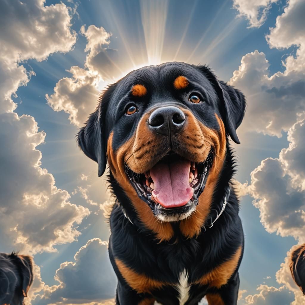 Ethereal Angel Rottweiler Smiling in Heavenly Light