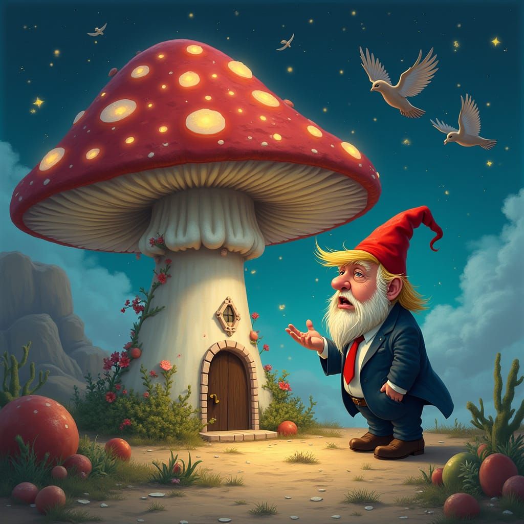Mushroom House in Bioluminescent Desert, Whimsical Art
