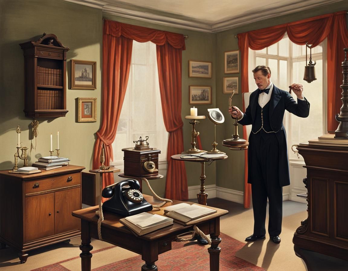 Butler in Study with Candlestick and Vintage Telephone