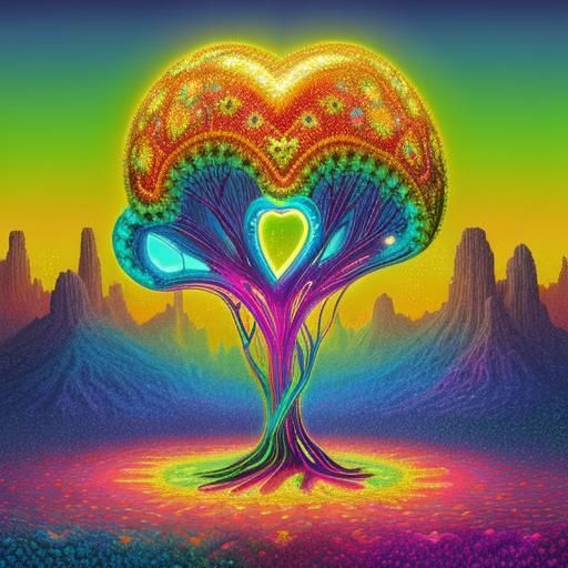 Bioluminescent Heart in Psychedelic Pointillism Style