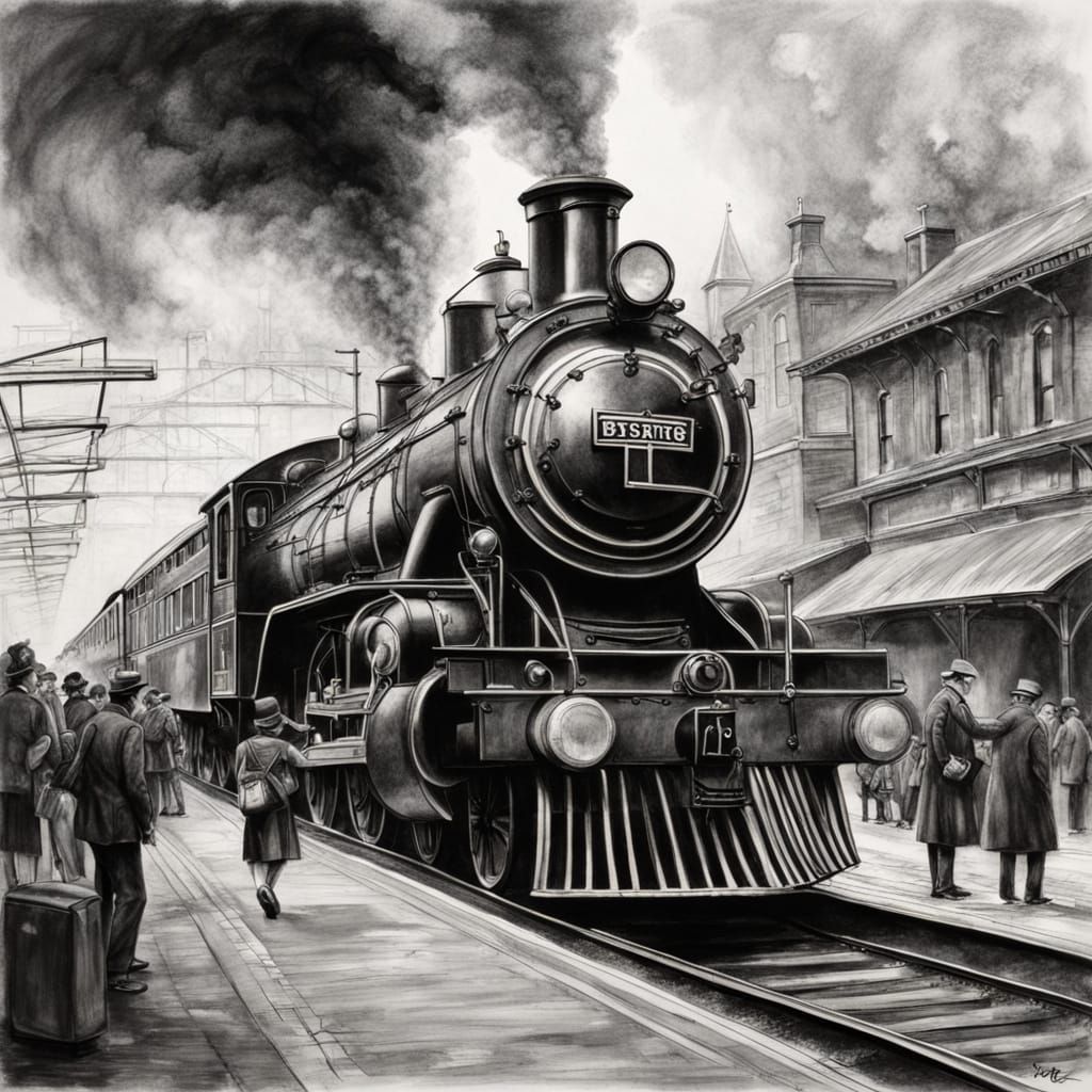 Vintage Steam Train at Station: Detailed Charcoal Drawing