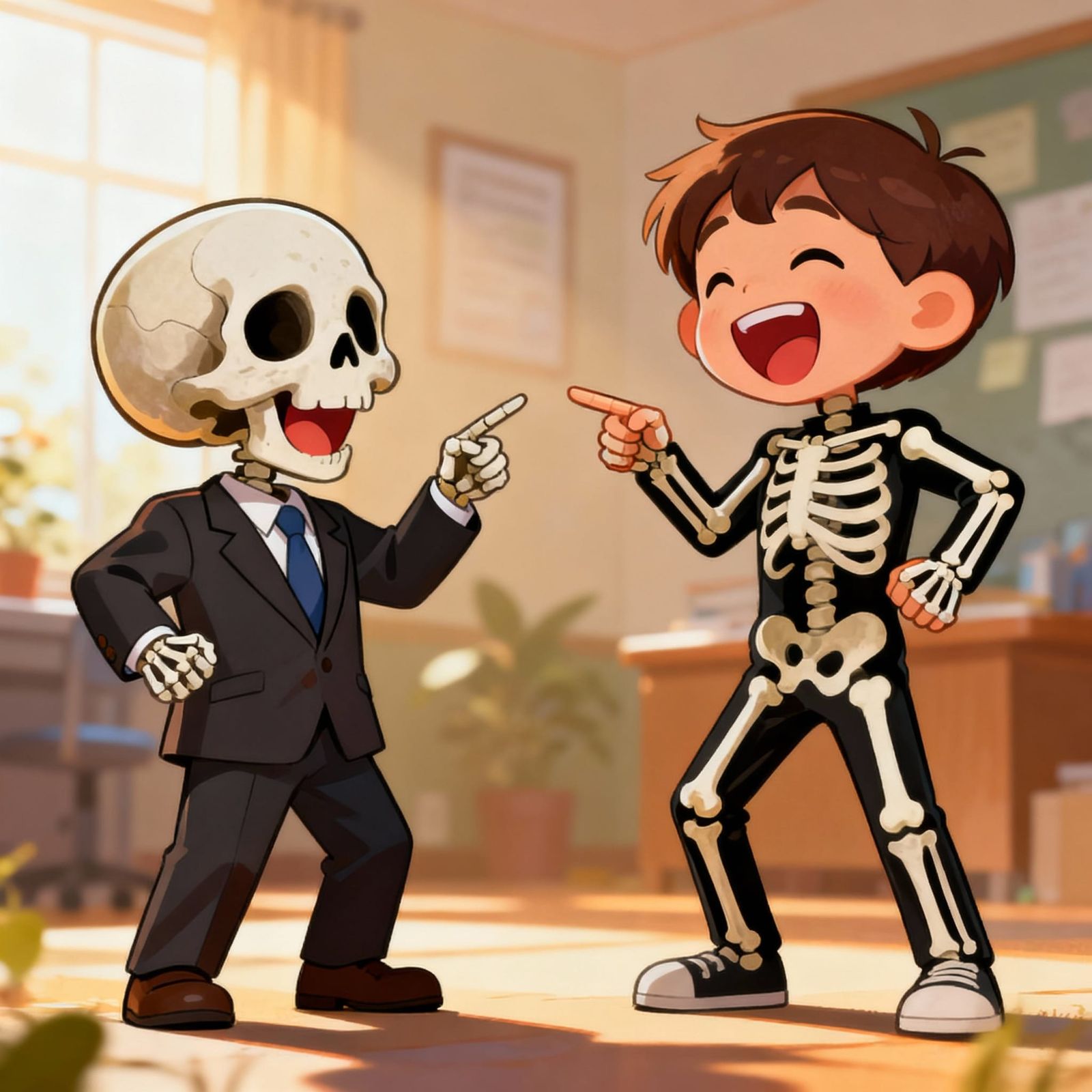 Skeleton Child and Human Child in Costume Pointing and Laugh...