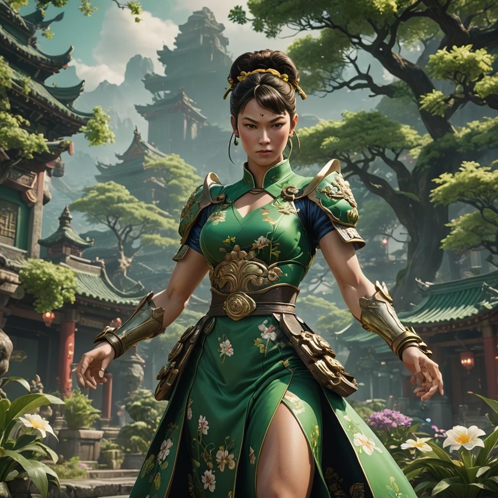 Chun-Li in Green Floral Dress: Digital Art