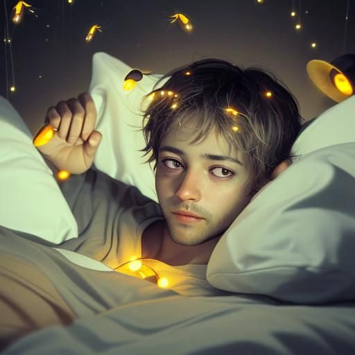 Surreal Dream: Man in Bed with Fireflies