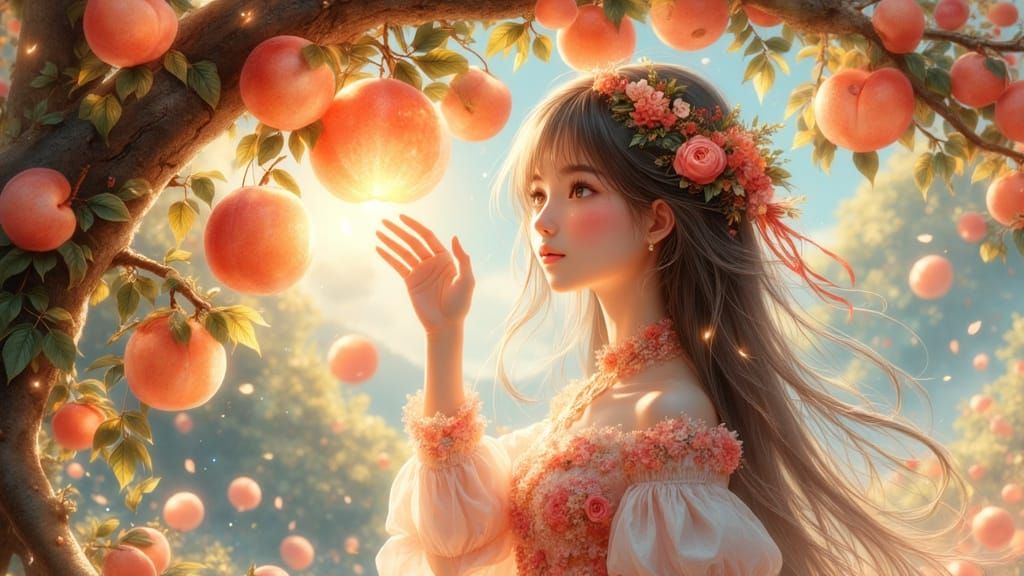 Anime Girl Plucks Glowing Peach from Magical Tree in Etherea...