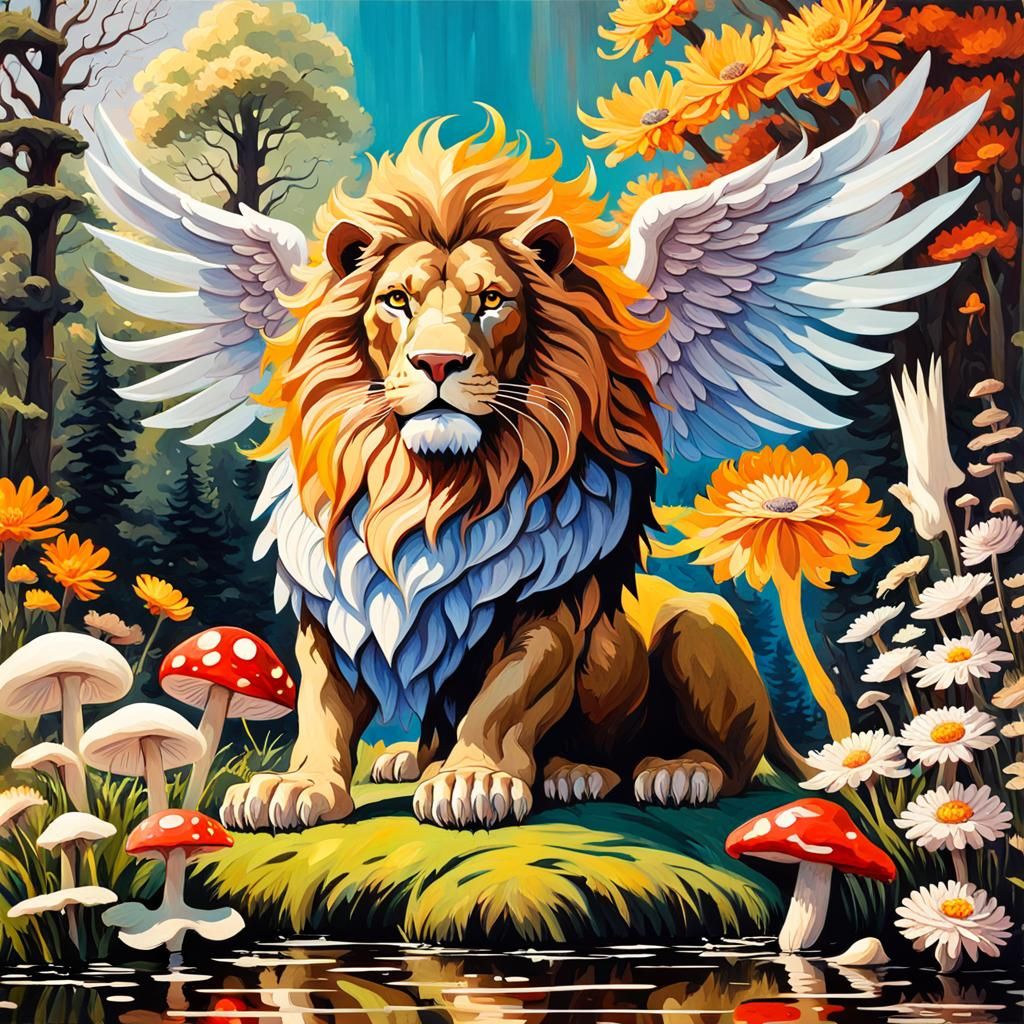 Winged Lion in Cottagecore Garden, Impasto Painting